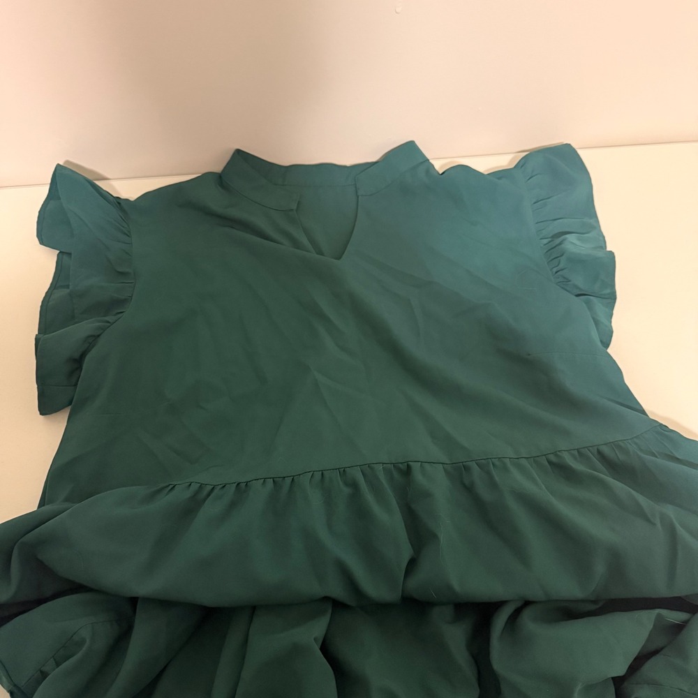 Dark Green Ruffle Cap Sleeve Tiered Maxi Dress Split Neck Emerald Green XL